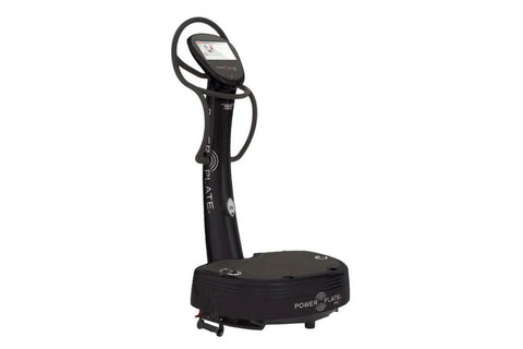 Black Power Plate My7 vibration trainer with digital display screen and handle bars, on white background
