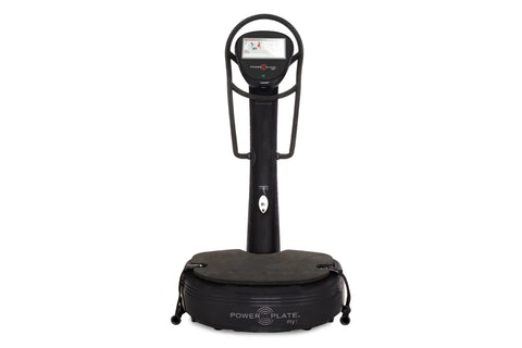 Black Power Plate My7 vibration trainer with digital display screen and handle bars, on white background