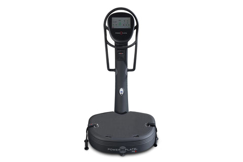 Black Power Plate My8 vibration plate fitness machine with digital display console and handle bars, on white background
