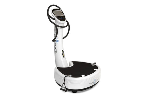 White and black Power Plate vibration plate trainer with digital display screen and handle grips, on white background