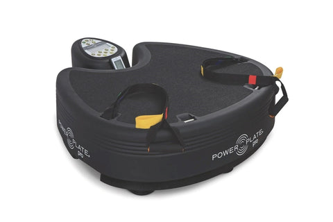 Power Plate Pro5HP black vibration platform with digital control panel, yellow and red foot pads, on white background
