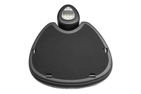 Power Plate Pro5HP black vibration platform with digital control panel, yellow and red foot pads, on white background