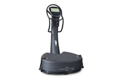 Power Plate Pro8 vibration plate trainer with black base platform, upright column, and digital display monitor on white backg