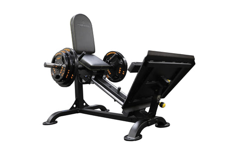 Black Powertec compact leg sled with padded seat, horizontal handles, and adjustable footplate on white background