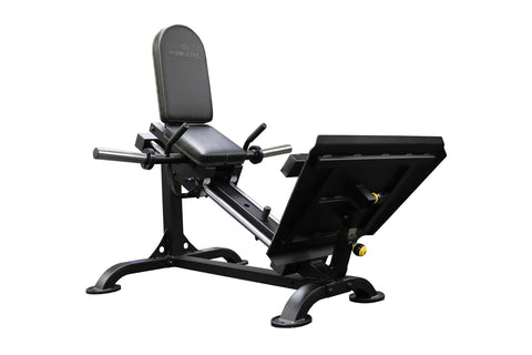 Black Powertec compact leg sled with padded seat, horizontal handles, and adjustable footplate on white background