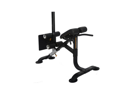 Black and gray abdominal exercise bench with padded leg attachment and adjustment levers, shown on white background