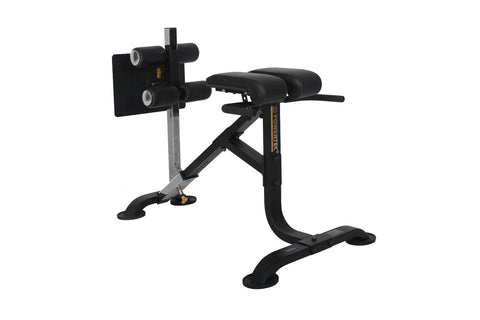 Black and gray abdominal exercise bench with padded leg attachment and adjustment levers, shown on white background