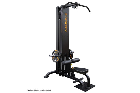 Black Powertec lat machine with vertical frame, adjustable seat, horizontal handles, and wide base on white background