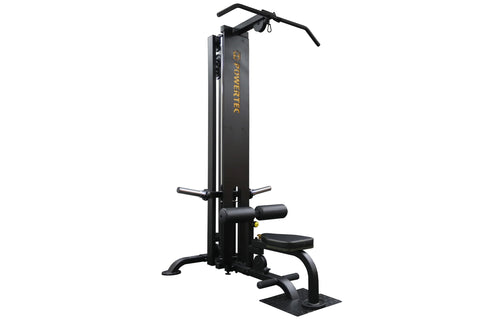 Black Powertec lat machine with vertical frame, adjustable seat, horizontal handles, and wide base on white background