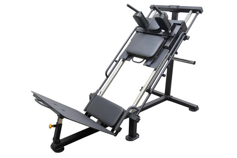Black and silver leg press hack squat combo machine with padded seat and footplate on white background