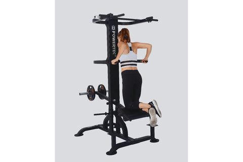 Black Powertec LeverGym chin dip assist machine with vertical post, dual handles, and padded seat on white background