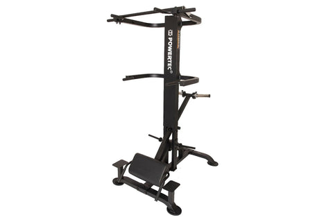 Black Powertec LeverGym chin dip assist machine with vertical post, dual handles, and padded seat on white background