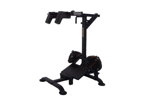 Black Powertec LeverGym squat and calf assist machine with vertical post, foot platform, and lever arm handles on white backg