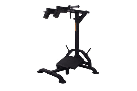 Black Powertec LeverGym squat and calf assist machine with vertical post, foot platform, and lever arm handles on white backg