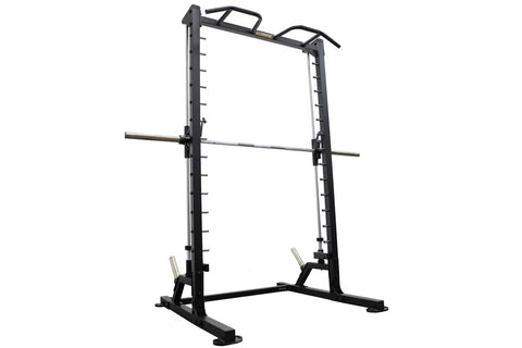 Black and silver smith machine with linear bearing system, weight plate pegs on vertical uprights, and curved safety handles 