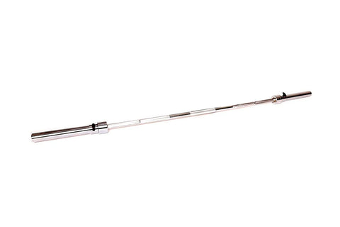 Olympic barbell with chrome and black finish, 45lb weight capacity, includes collars on white background