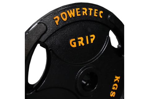 Powertec Grip black cast iron Olympic weight plates with gold text, displayed with two plates and stacked plates showing vari