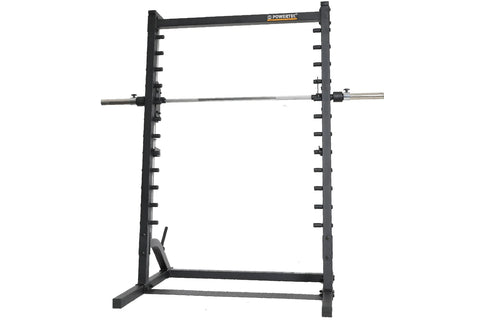 Powertec black steel roller Smith machine with multiple barbell plate pegs, chrome barbell, and adjustable safety arms on whi