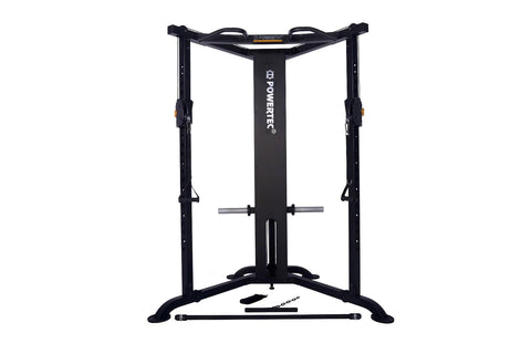 Black Powertec Streamline functional trainer with dual cable machines, gray handles, and wide base on white background