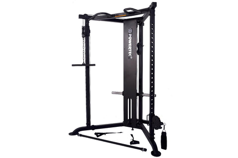 Black Powertec Streamline functional trainer with dual cable machines, gray handles, and wide base on white background