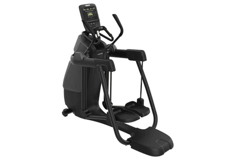 Black Precor AMT 835 elliptical machine with digital P31 console display, dual handlebars, and large pedal platform on white 