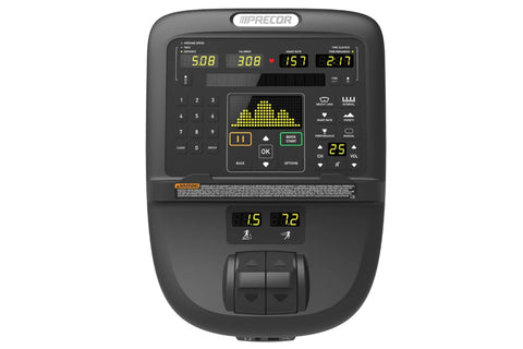 Black Precor AMT 835 elliptical machine with digital P31 console display, dual handlebars, and large pedal platform on white 