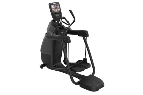 Black elliptical exercise machine with digital console display, dual handles, and pedal platform on white background