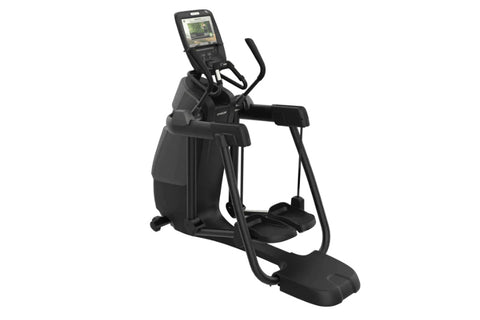 Black elliptical trainer with digital console display, dual handlebars, and foot pedals on white background