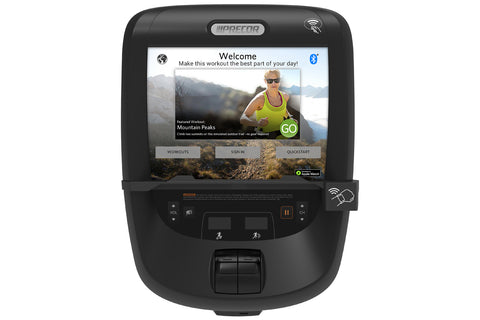 Black elliptical trainer with digital console display, dual handlebars, and foot pedals on white background