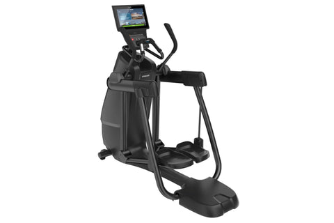 Black Precor AMT 885 elliptical trainer with integrated touchscreen console displaying workout metrics, shown on white backgr