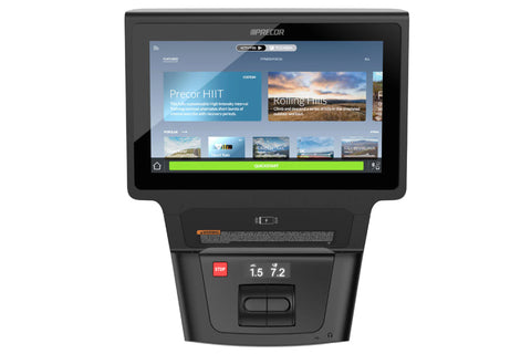 Black Precor AMT 885 elliptical trainer with integrated touchscreen console displaying workout metrics, shown on white backgr