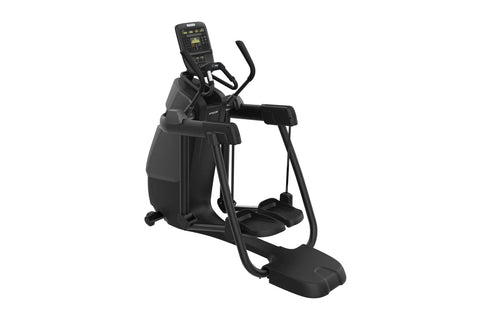 Black elliptical machine with digital console display, dual handlebars, and footpeds on white background