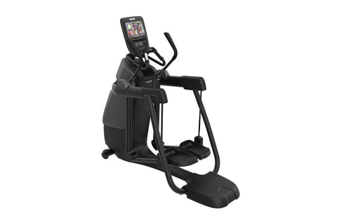 Black elliptical machine with digital console display, dual handlebars, and footpeds on white background