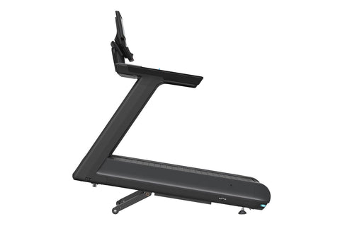 Black motorized treadmill with dual handles, digital console display showing fitness metrics, and blue accent buttons on whit