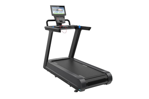 Black motorized treadmill with dual handles, digital console display showing fitness metrics, and blue accent buttons on whit