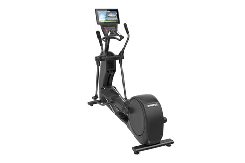 Black Precor elliptical machine with digital display console and stationary handlebars on white background