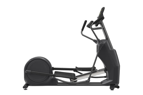 Black Precor EFX 535 elliptical machine with digital console display, dual handles, and large pedal platform on white backgro