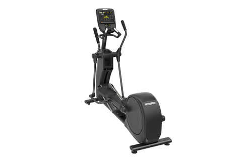 Black Precor EFX 535 elliptical machine with digital console display, dual handles, and large pedal platform on white backgro