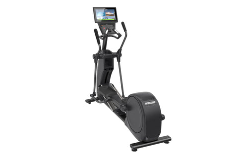Black Precor EFX 585 elliptical machine with digital console display, dual handlebars, and large footplate on white backgroun