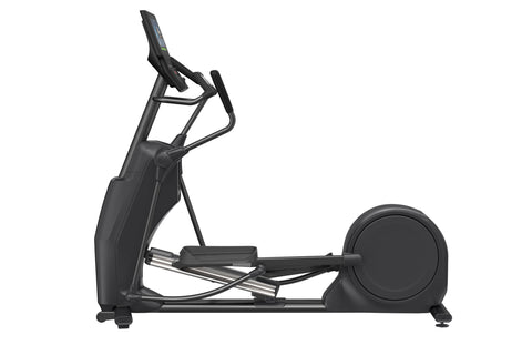 Black Precor EFX 585 elliptical machine with digital console display, dual handlebars, and large footplate on white backgroun