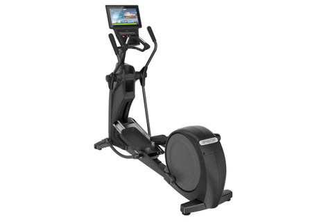 Black Precor EFX 600 elliptical machine with digital display console, dual handles, and large pedal base on white background