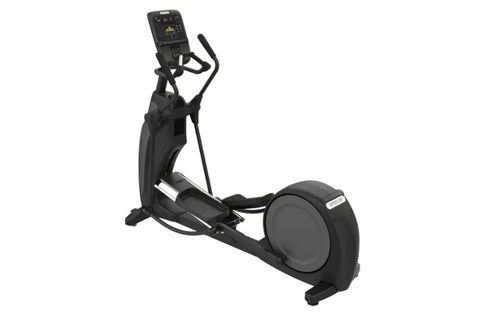 Black elliptical exercise machine with digital console, handlebar grips, and large front wheel on white background