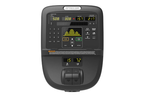 Black elliptical exercise machine with digital console, handlebar grips, and large front wheel on white background