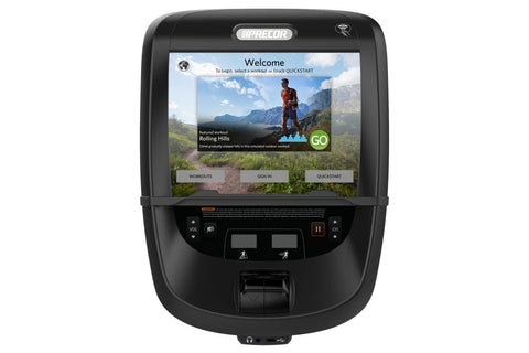Black elliptical machine with digital touchscreen console, foot pedals, and handlebar grips on white background