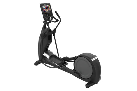 Black elliptical machine with digital touchscreen console, foot pedals, and handlebar grips on white background