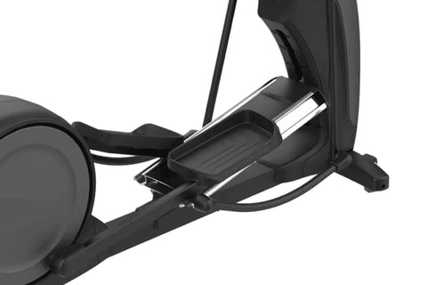Black elliptical machine with large oval footplate, dual handlebar grips, and integrated tablet display console on white back