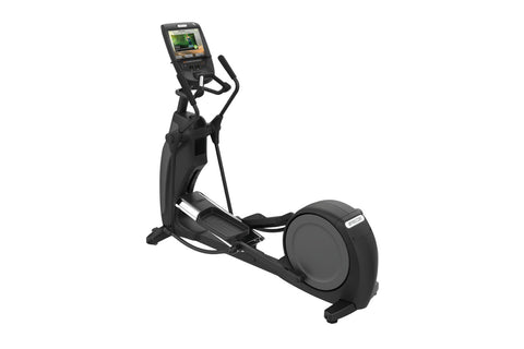 Black elliptical exercise machine with digital console display and moving handlebars, on white background