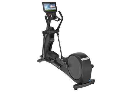 Black Precor elliptical machine with touchscreen display and dual handlebar grips on white background