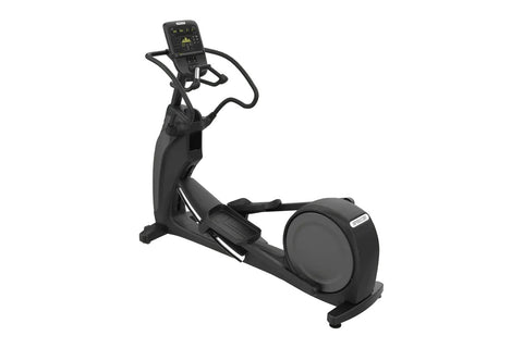 Black elliptical machine with digital console and curved handles on white background