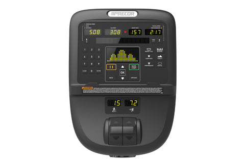 Black elliptical machine with digital console and curved handles on white background